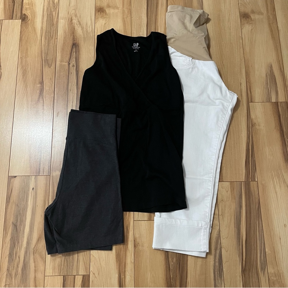 Maternity Lot Sz Small White Crop Maternity Jeans, Black Tank, Gray Biker Shorts